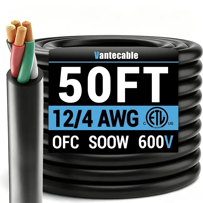 12/4 Gauge SOOW Electrical Wire, 300V, Black, ETL Listed, 25-100ft
