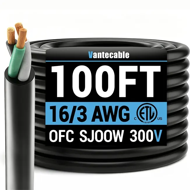 16/3 Gauge SJOOW Electrical Wire, 300V, Black, ETL Listed, 50-100ft