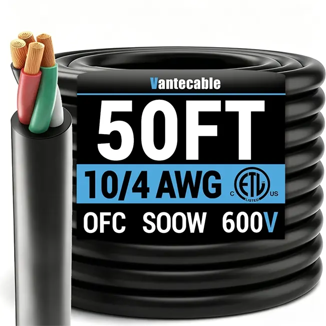 10/4 Gauge SOOW Electrical Wire, 600V, Black, ETL Listed, 25ft