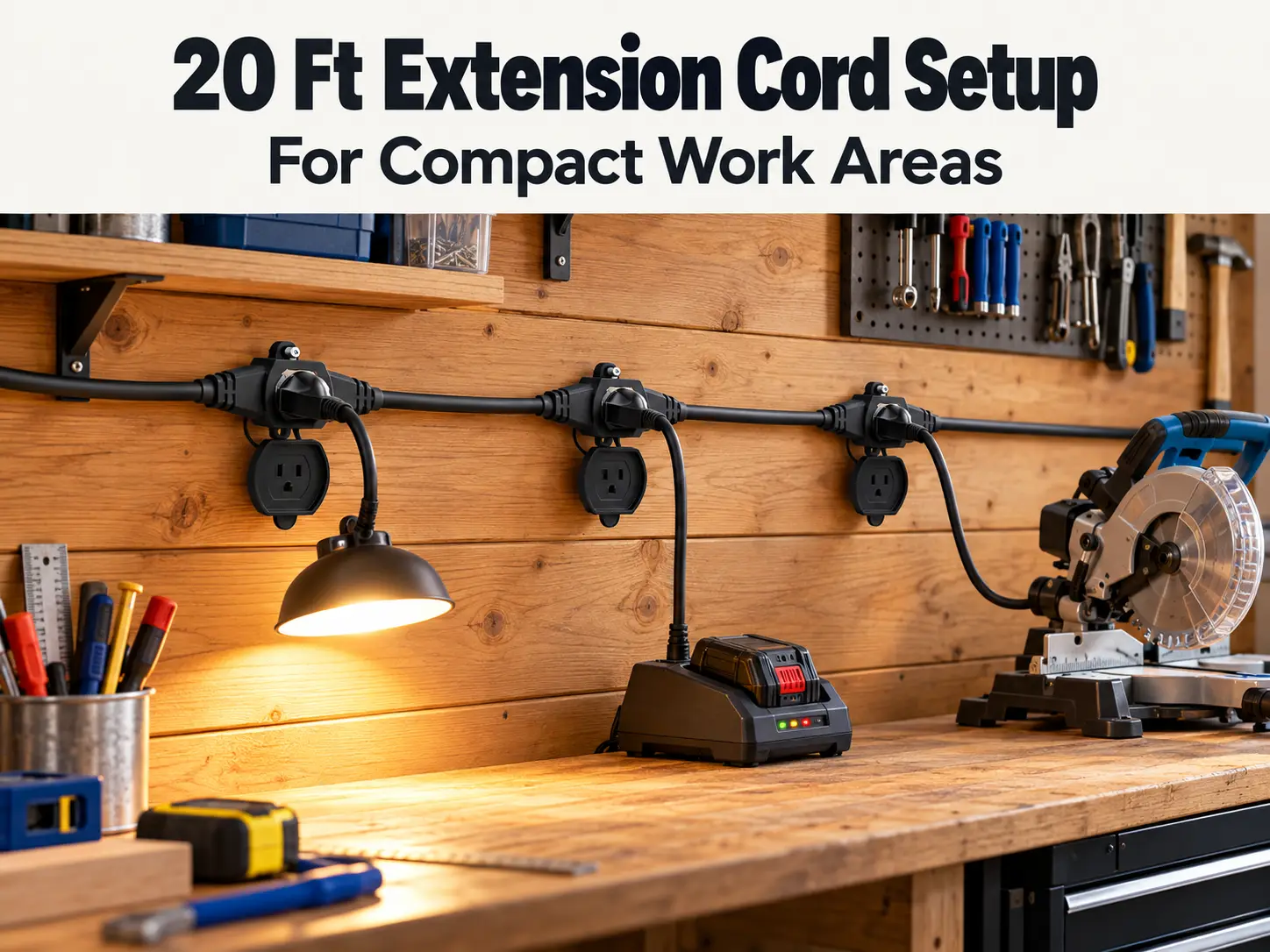 Black wall-mounted 20 ft extension cord with three spaced outlets powering tools in a compact garage work area