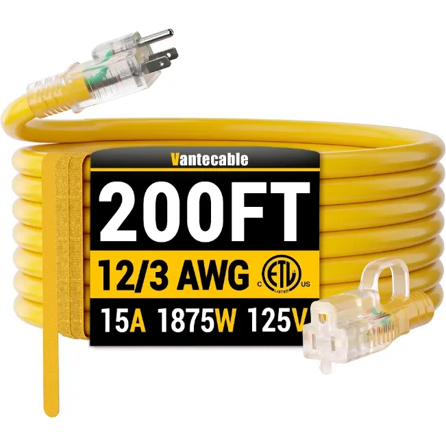 [6ft to 500ft] 12/3 Gauge Heavy Duty Outdoor Extension Cord, Waterproof with LED Lighted End,yellow,Waterproof,ETL,flexible