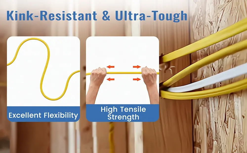 Demonstration of Vanteable 12/2 NM-B wire flexibility and high tensile strength for easy indoor installation.