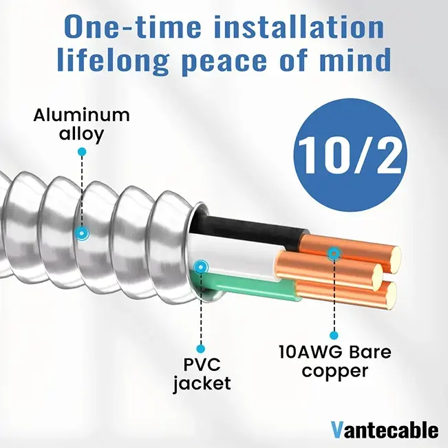 10 AWG MC Cable with Ground, 10 Gauge 2 or 3 Conductors Electrical Wire with Aluminum Armor, Solid Pure Copper Cable,UL Listed