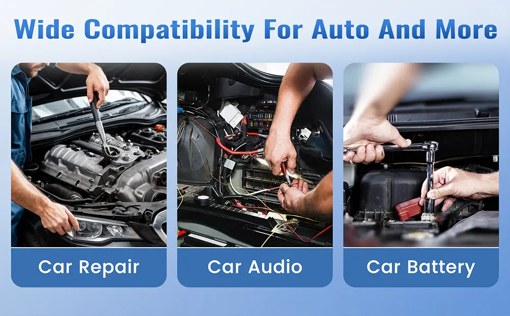 {"default":"Application scenes for Vanteable CCA wire set including car audio installation, engine repair, and battery connection."}
