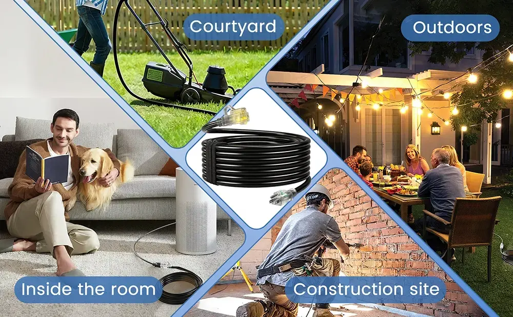 {"default":"Black outdoor extension cord used for discreet indoor rooms, courtyard maintenance, construction sites, and elegant outdoor party lighting."}
