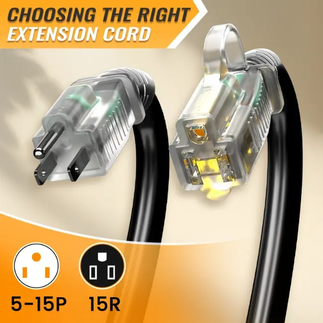 [10ft to 150ft] 12/3 Gauge Heavy Duty Outdoor Extension Cord, Waterproof with LED Lighted End,black,Waterproof,ETL,flexible