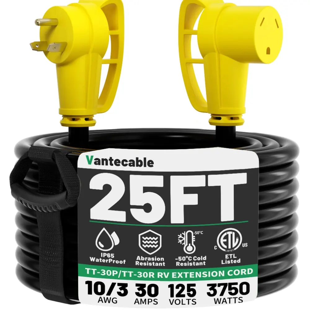 10/3 Gauge 25ft 30 Amp RV Extension Cord, Heavy Duty Waterproof with Easy Grip Handle, Yellow,ETL,flexible