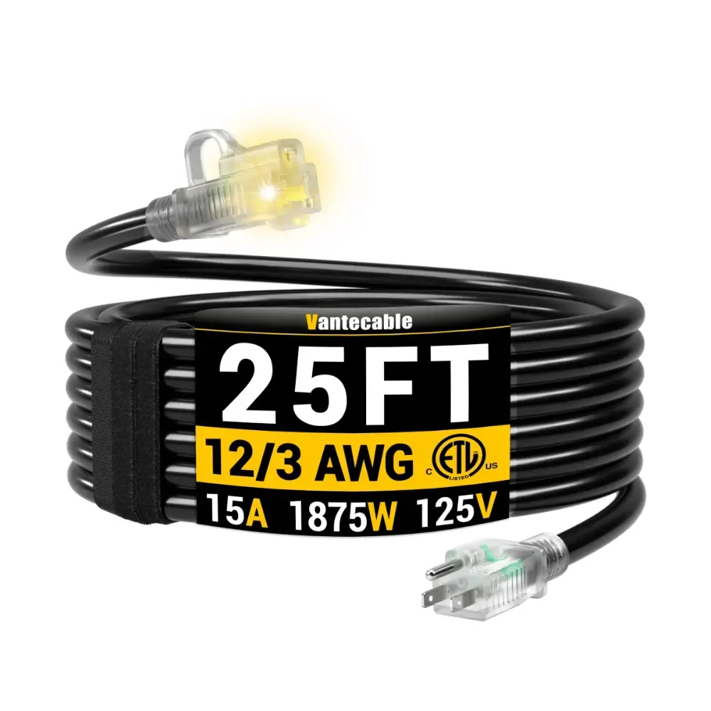 [10ft to 150ft] 12/3 Gauge Heavy Duty Outdoor Extension Cord, Waterproof with LED Lighted End,black,Waterproof,ETL,flexible