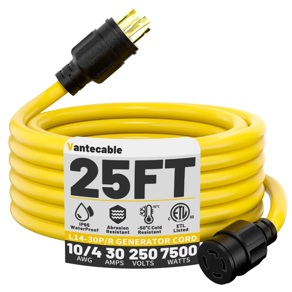[15ft to 75ft] 10AWG 30-Amp Generator Extension Cord 4-Prong 125/250V 7500W,yellow,,Waterproof,ETL,flexible