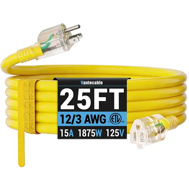 [25ft to 100ft] 12/3 Gauge Heavy Duty Outdoor Extension Cord, Waterproof with LED Lighted End,yellow,Waterproof,ETL,flexible