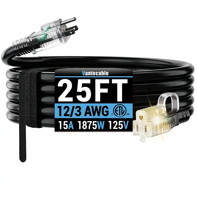 12/3 Gauge Outdoor Extension Cord with LED Lighted End, SJTW, ETL Listed, 6-100 ft