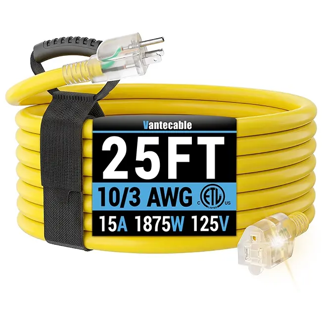 10/3 Gauge Outdoor Extension Cord with LED Lighted End, Yellow, SJTW, ETL Listed, 25-200 ft