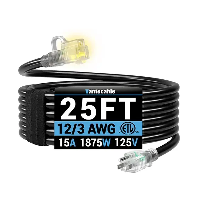 [10ft to 150ft] 12/3 Gauge Heavy Duty Outdoor Extension Cord, Waterproof with LED Lighted End,black,Waterproof,ETL,flexible