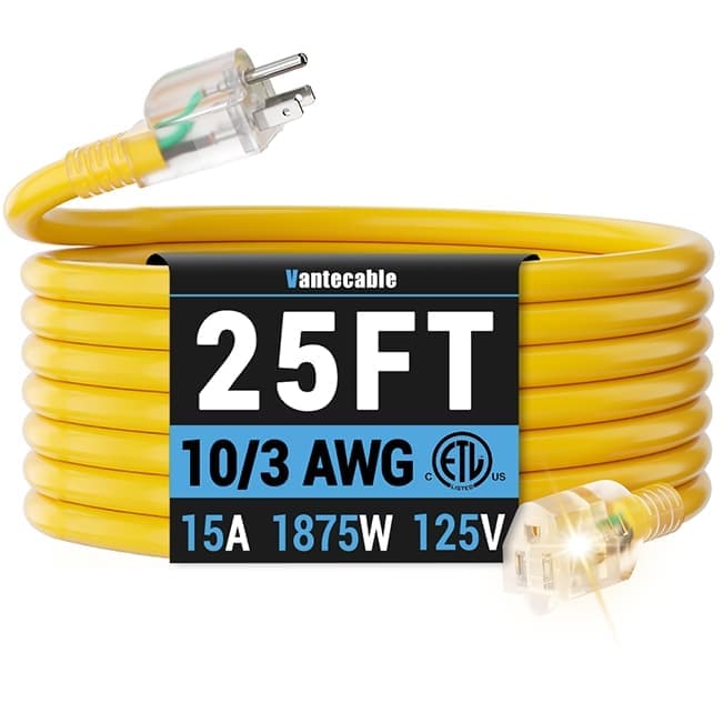 [25ft to 200ft] 10/3 Gauge Ultra Heavy Duty Outdoor Extension Cord, Waterproof with LED Lighted Indicator,yellow,Waterproof,ETL,flexible