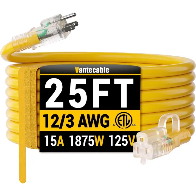 [6ft to 500ft] 12/3 Gauge Heavy Duty Outdoor Extension Cord, Waterproof with LED Lighted End,yellow,Waterproof,ETL,flexible