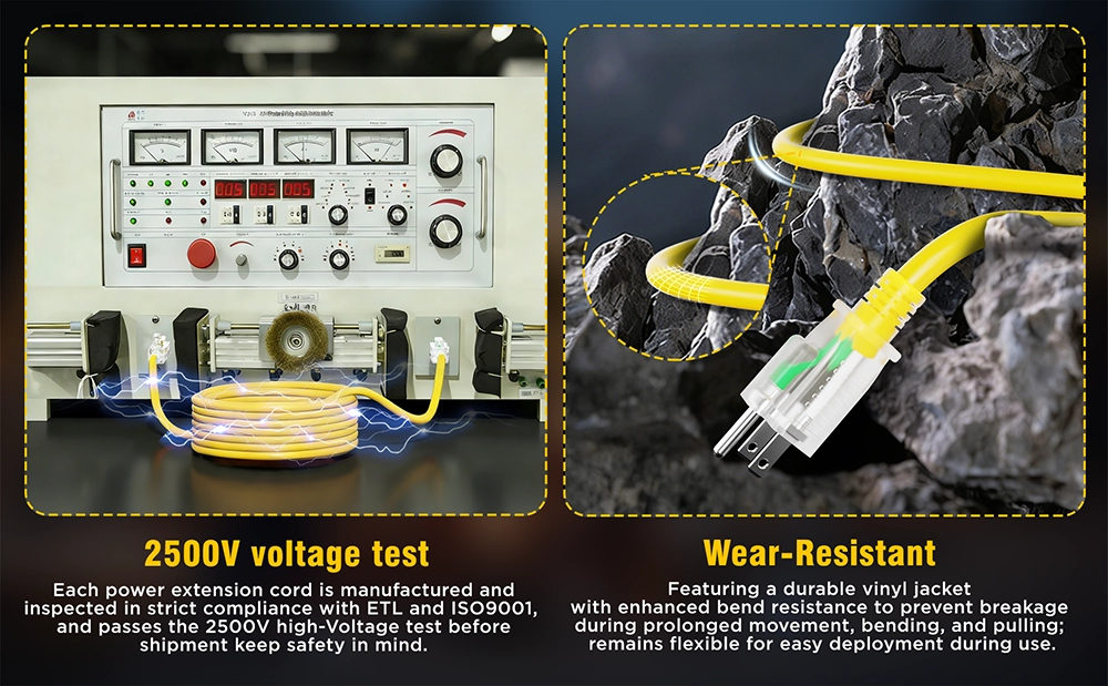 {"default":"Vantecable extension cord undergoing a 2500V high-voltage safety test and durability demonstration on rocks."}
