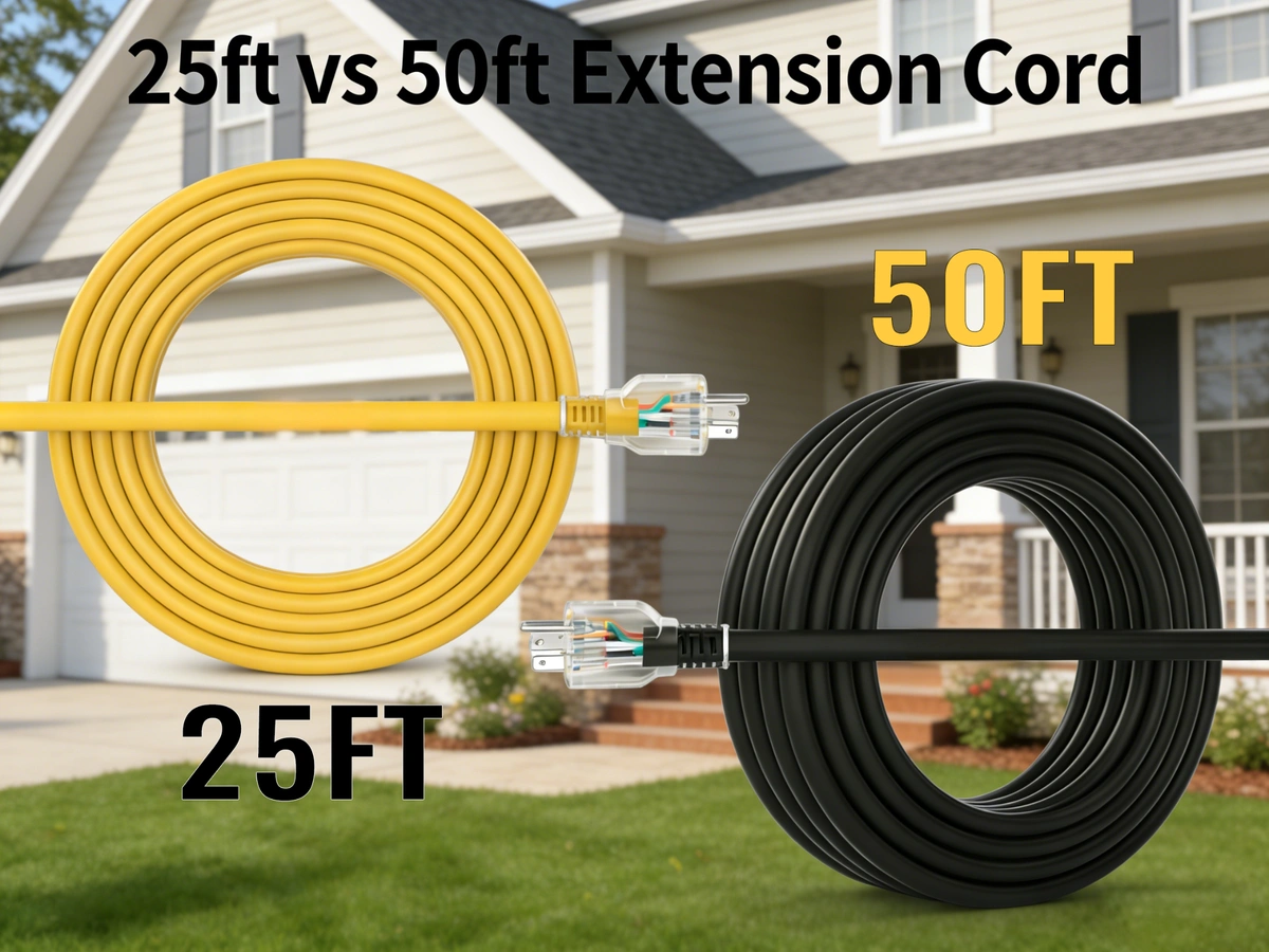 25ft vs 50ft extension cord comparison showing short and long extension cords for home outdoor use