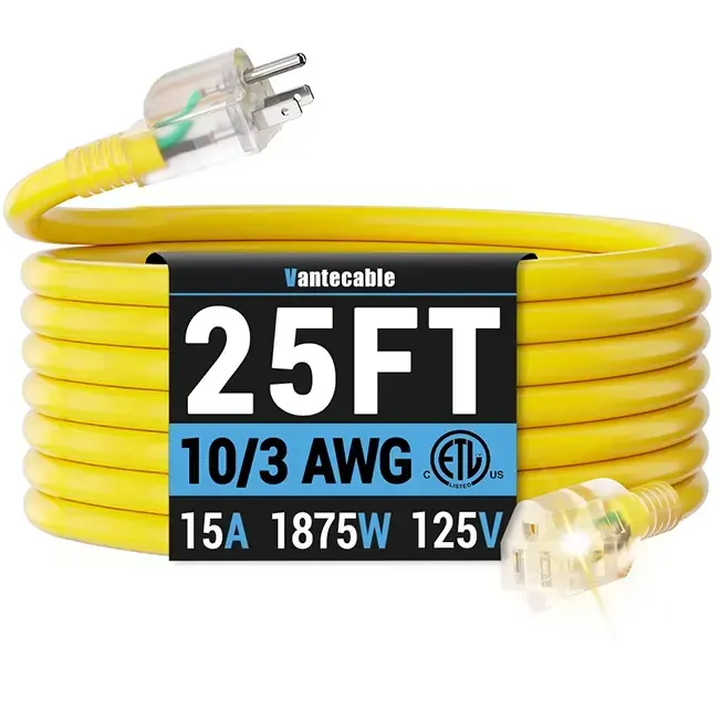 [25ft to 200ft] 10/3 Gauge Ultra Heavy Duty Outdoor Extension Cord, Waterproof with LED Lighted Indicator,yellow,Waterproof,ETL,flexible