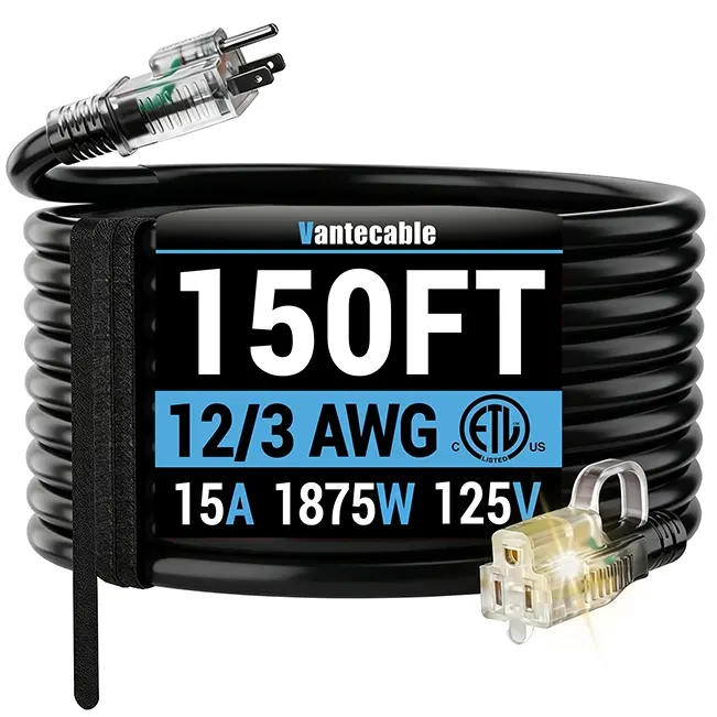 12/3 Gauge Outdoor Extension Cord with LED Lighted End, SJTW, ETL Listed, 6-100 ft