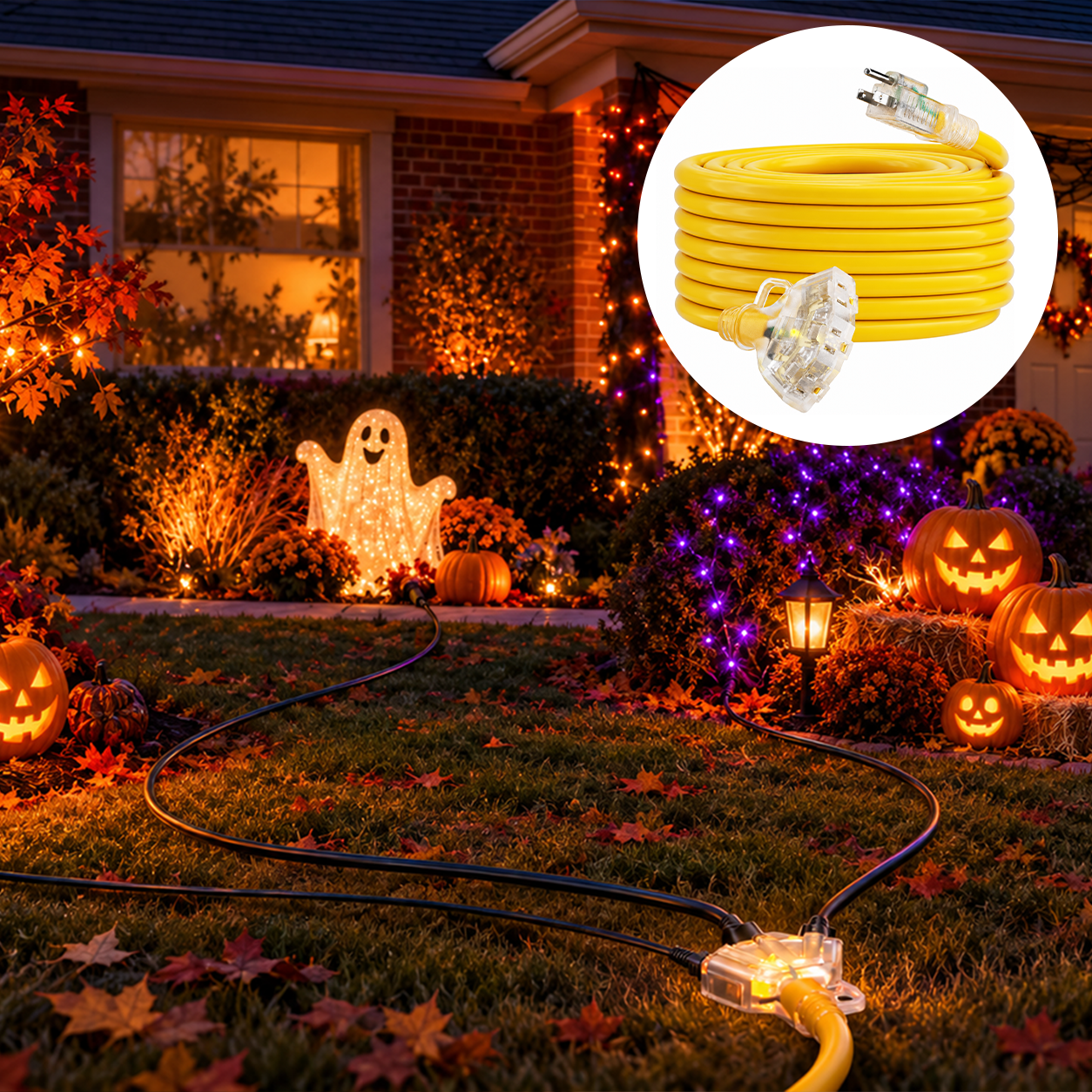 10FT heavy duty yellow outdoor extension cord with lighted end, 10/3 AWG 15A 1875W