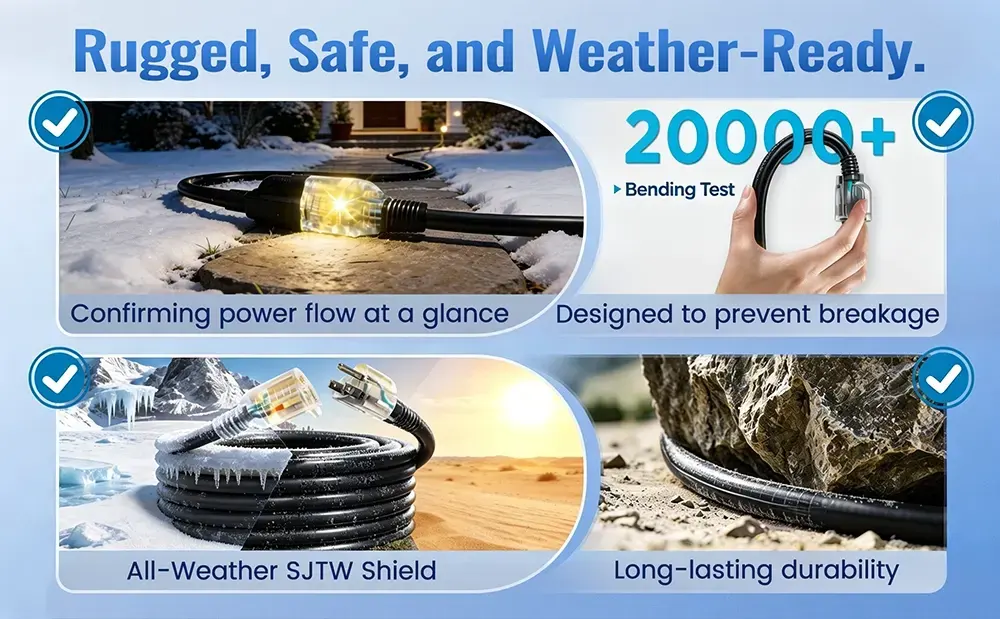 Vanteable 10/3 AWG black extension cord with black ends, featuring SJTW jacket and 20,000+ bend test durability.