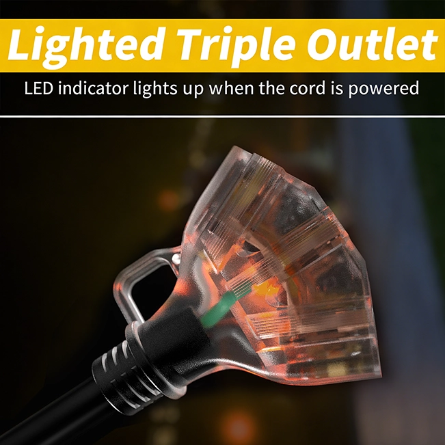 [6ft to 100ft] 16/3 Gauge Multi-Outlet Outdoor Extension Cord, Waterproof with LED Lighted Indicator,black,Waterproof,ETL,flexible