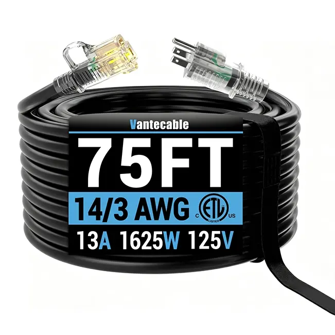 [25ft to 200ft] 14/3 Gauge Heavy Duty Outdoor Extension Cord, Waterproof with LED Lighted Indicator,balck/yellow,Waterproof,ETL,flexible
