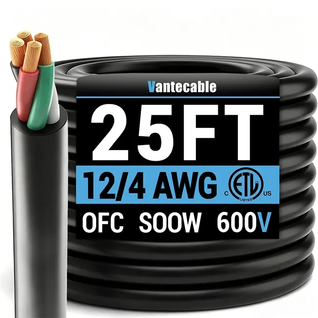12/4 Gauge SOOW Electrical Wire, 300V, Black, ETL Listed, 25-100ft