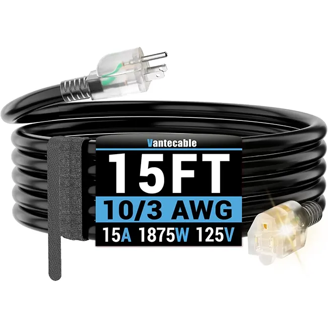 10/3 Gauge Outdoor Extension Cord with LED Lighted End, Black, SJTW, 10-200ft