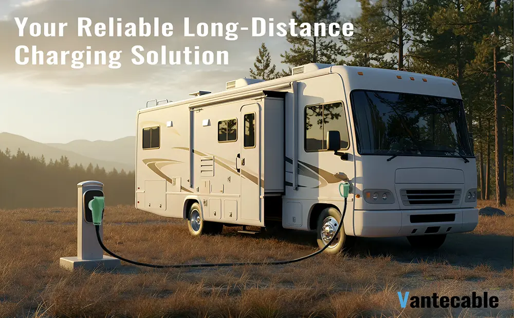 15ft to 100ft NEMA 14-50P to 14-50R RV/EV extension cord connected to a Class A motorhome in an outdoor park.
