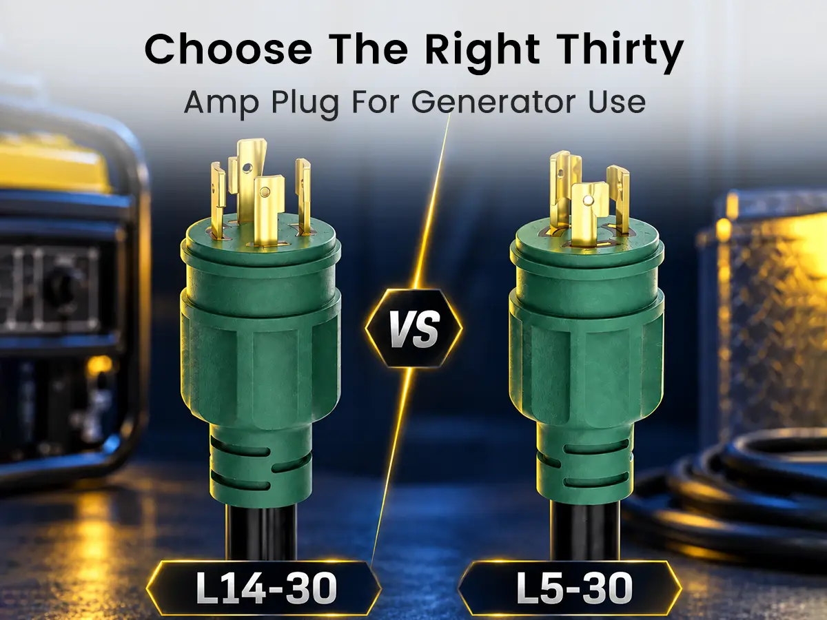 Side-by-side comparison of L5-30 and L14-30 30 amp generator cord twist-lock plugs.
