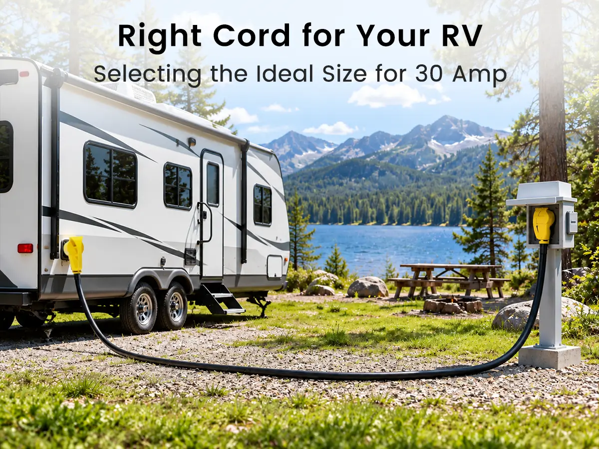 A 30 amp RV extension cord with yellow handles connected between a white travel trailer and a power pedestal at a lakeside campground.