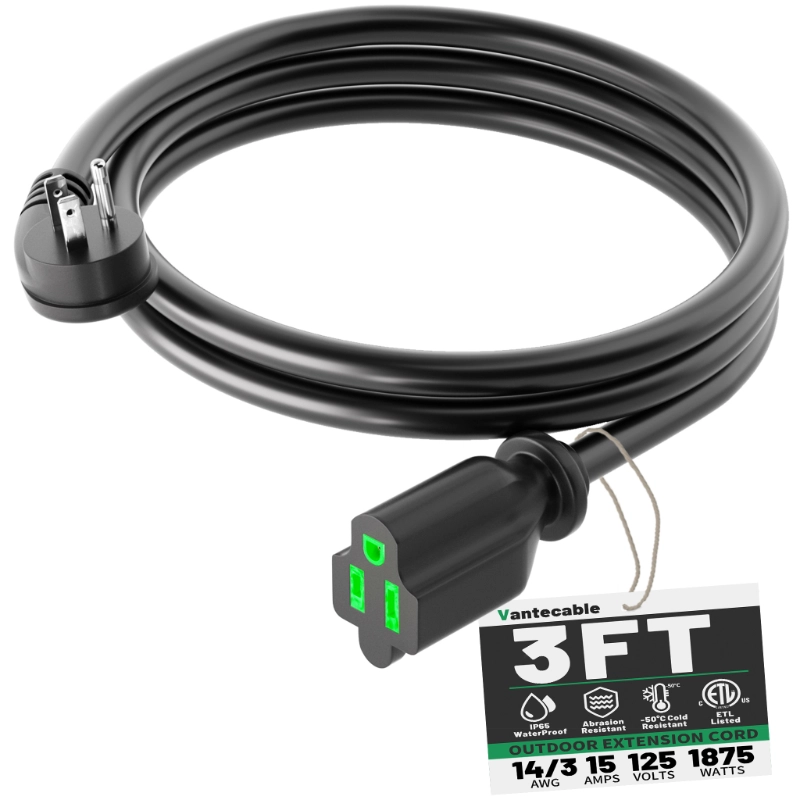 3 Pack 3 Foot Flat Plug Extension Cord Black, 14/3 Gauge Indoor Short Extension Cable-Vantecable