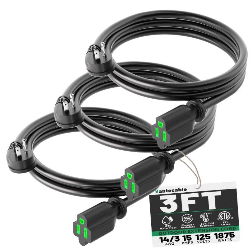 3 Pack 3 Foot Flat Plug Extension Cord Black, 14/3 Gauge Indoor Short Extension Cable-Vantecable