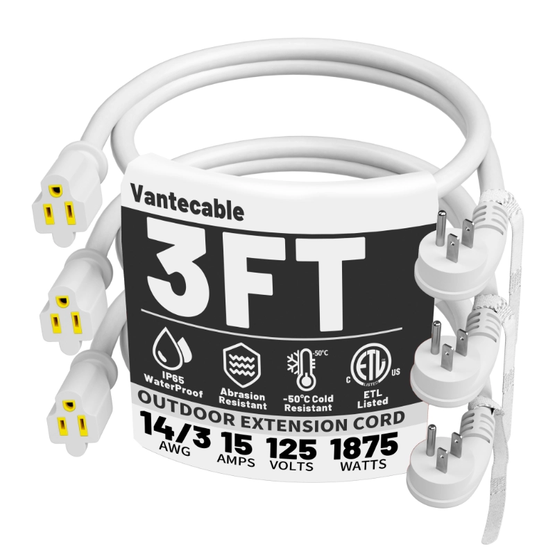 14 Gauge 3 Feet (3 Pack) Flat Plug Extension Cord White Indoor Outdoor-Vantecable