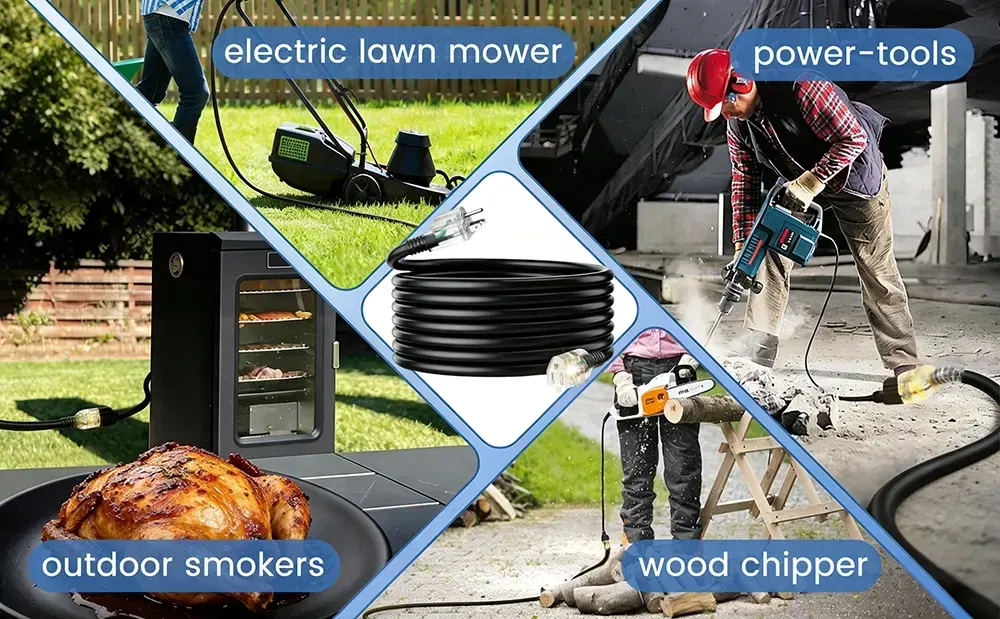 Vanteable 10/3 black extension cord with black ends powering wood chippers, smokers, and heavy machinery.