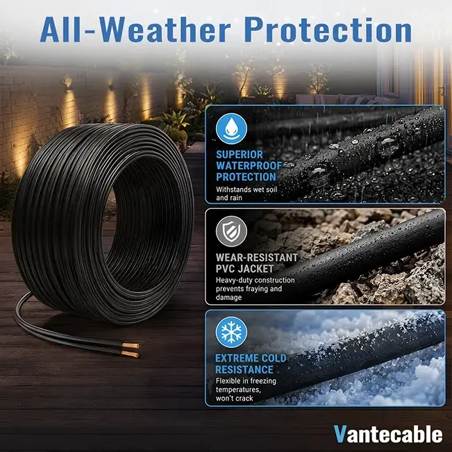[100ft to 250ft] 12/2 Gauge Low Voltage Landscape Lighting Copper Wire,Direct Burial,Waterproof,black,ETL,flexible