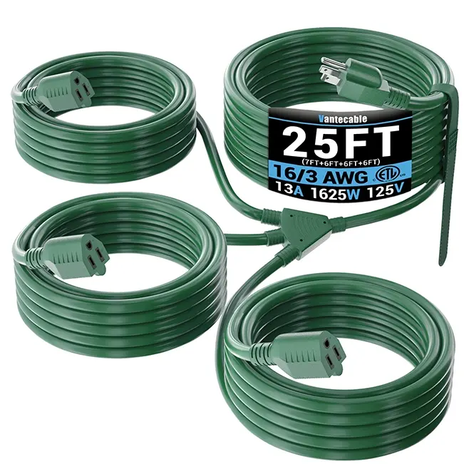 [25ft to 46ft] 16/3 Gauge 1-to-3/4 Splitter Outdoor Extension Cord with Multiple Outlets, Waterproof Heavy Duty Power Hub,green,Waterproof,ETL,flexible