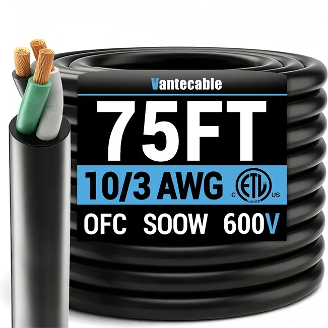 10/3 Gauge SOOW Electrical Wire, 600V, Black, ETL Listed, 25ft-150ft