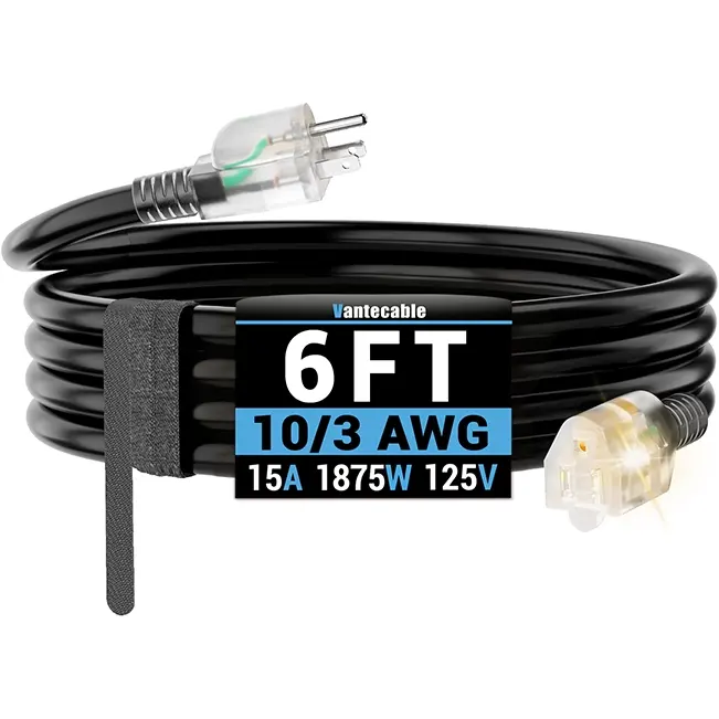 10/3 Gauge Outdoor Extension Cord with LED Lighted End, Black, SJTW, 10-200ft