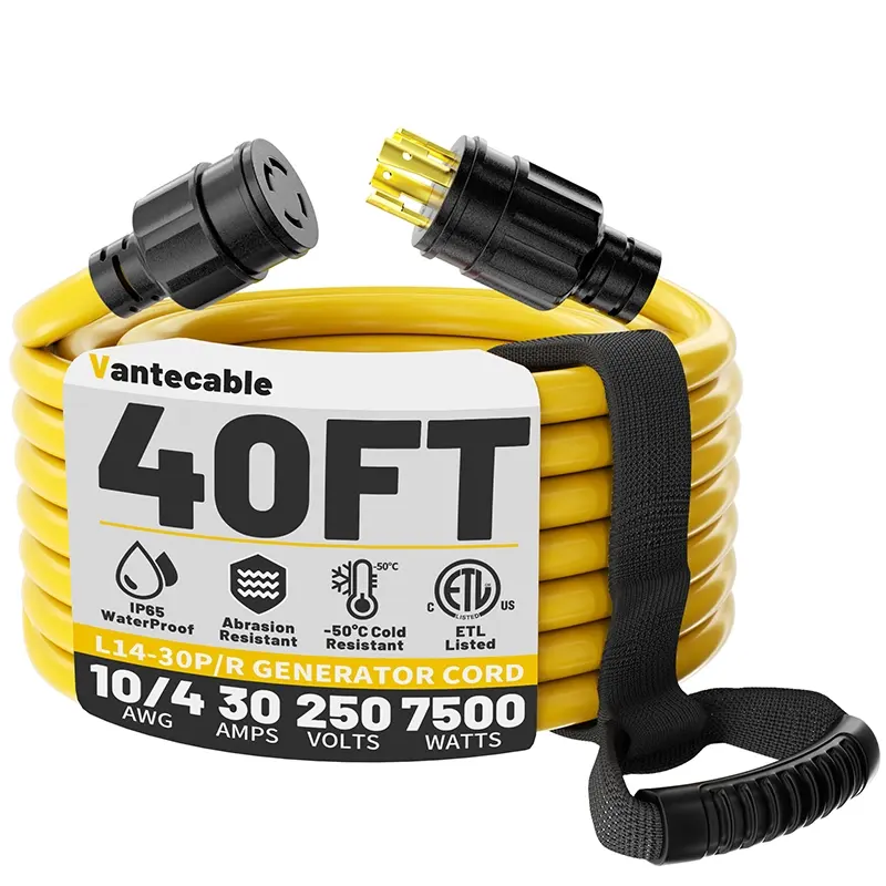 [10ft to 100ft] 10 Gauge 30 Amp Generator Extension Cord 4 Prong, NEMA L14-30P/L14-30R,yellow,,Waterproof,ETL,flexible