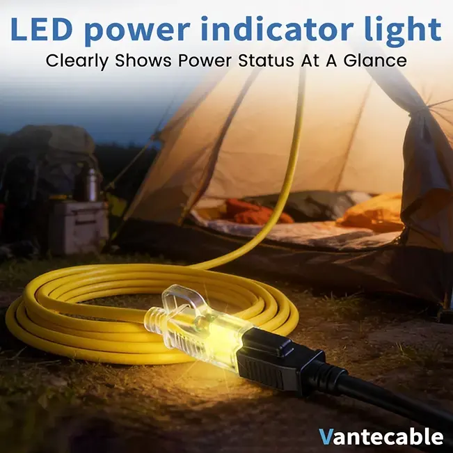 [6ft to 500ft] 12/3 Gauge Heavy Duty Outdoor Extension Cord, with LED Lighted End,yellow,Waterproof,ETL,flexible