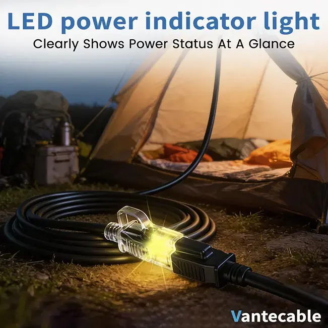 [10ft to 150ft] 12/3 Gauge Heavy Duty Outdoor Extension Cord, Waterproof with LED Lighted End,black,Waterproof,ETL,flexible