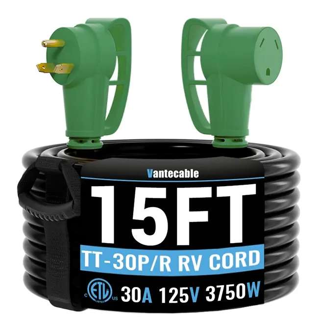 [15ft to 100ft] 10/3 Gauge RV Extension Cord,3 prong,125V,3750W,NEMA TT-30P to TT-30R,with Easy Grip Handle, Yellow/Green,Waterproof,ETL,flexible