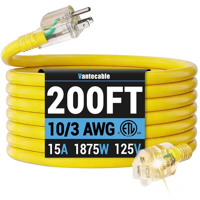 [25ft to 200ft] 10/3 Gauge Ultra Heavy Duty Outdoor Extension Cord, Waterproof with LED Lighted Indicator,yellow,Waterproof,ETL,flexible