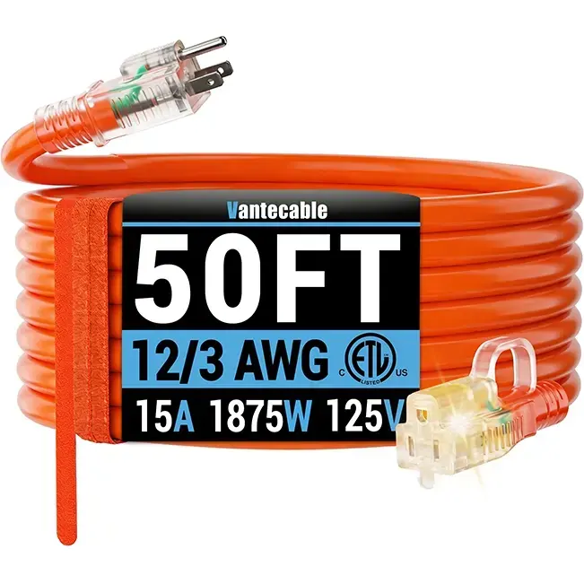 [6ft to 250ft] 12/3 Gauge Heavy Duty Outdoor Extension Cord, Waterproof with LED Lighted End,orange,ETL,flexible