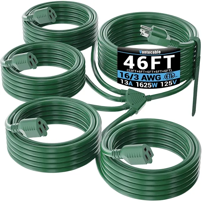 [25ft to 46ft] 16/3 Gauge 1-to-3/4 Splitter Outdoor Extension Cord with Multiple Outlets, Waterproof Heavy Duty Power Hub,green,Waterproof,ETL,flexible