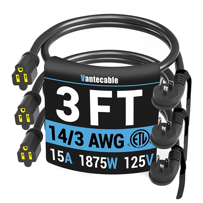 [3ft to 15ft] 14 Gauge Flat Plug Extension Cord (1~3pack) Indoor Outdoor,black,Waterproof,ETL,flexible