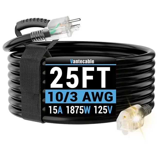 10/3 Gauge Outdoor Extension Cord with LED Lighted End, Black, SJTW, 10-200ft