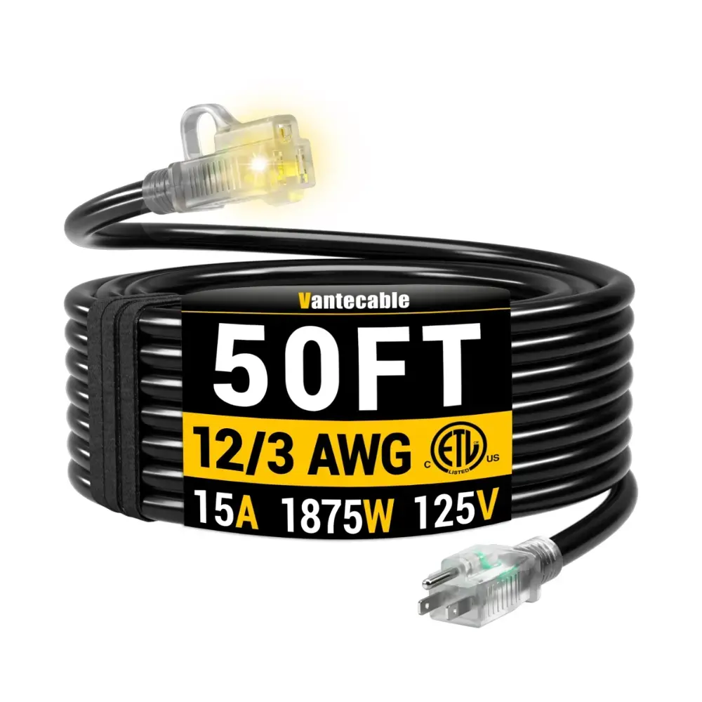 [10ft to 150ft] 12/3 Gauge Heavy Duty Outdoor Extension Cord, Waterproof with LED Lighted End,black,Waterproof,ETL,flexible